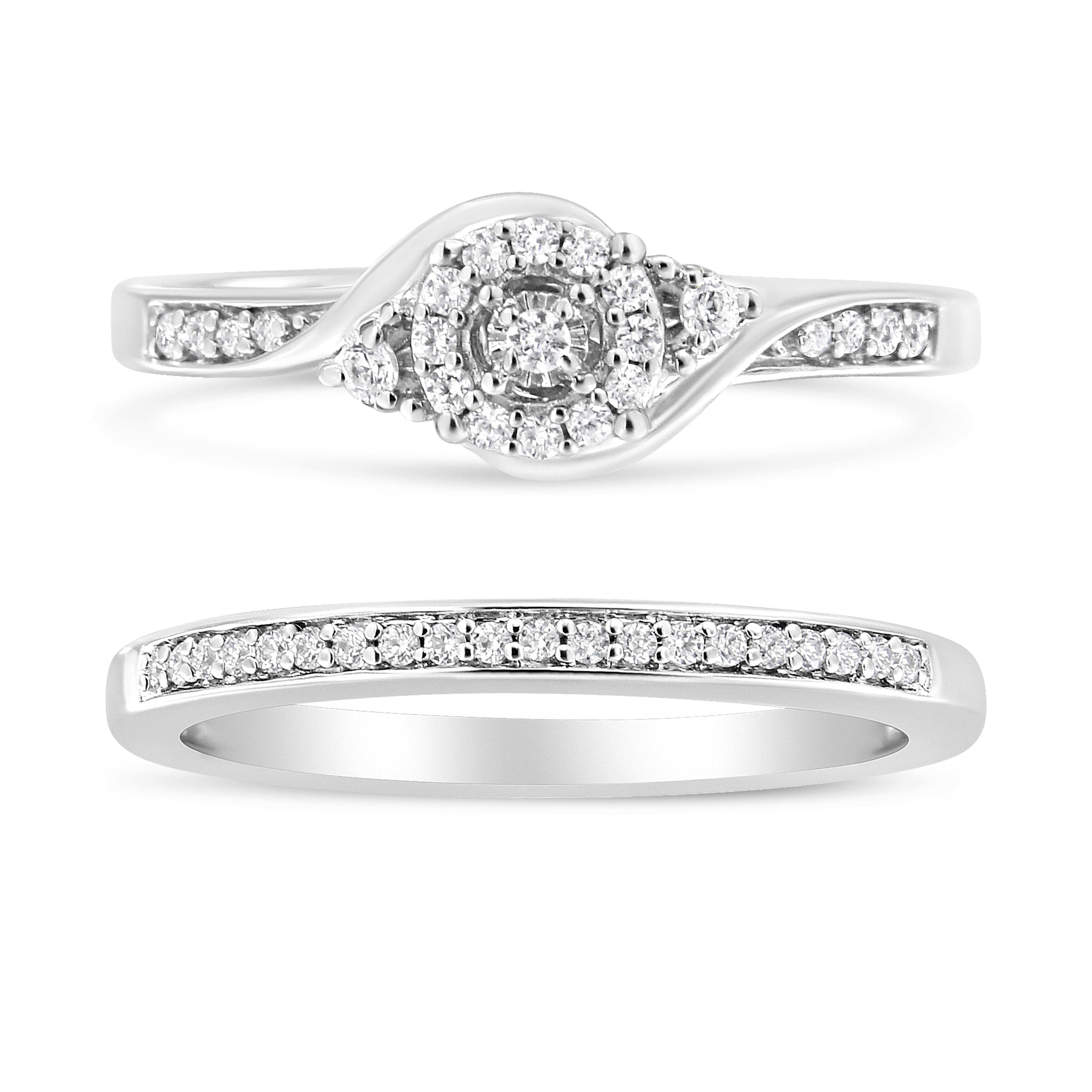 .925 Sterling Silver 1/4 Cttw Diamond Halo and Swirl Engagement Ring and Wedding Band Set (I-J Color, I3 Clarity)- Ring Size 7 by Bids.com