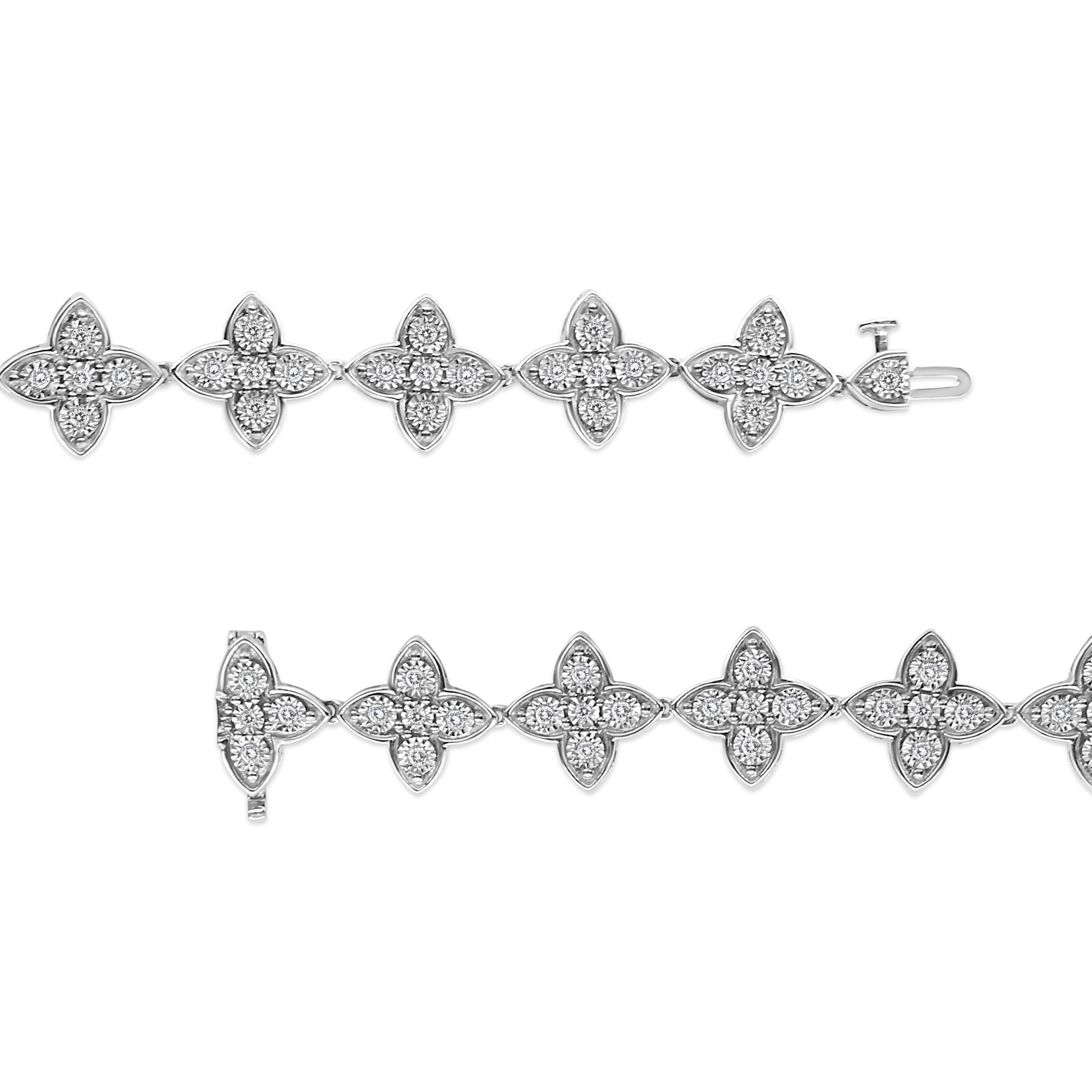 .925 Sterling Silver 1.0 cttw Miracle-Set Diamond 4 Leaf Clover Link Bracelet (I-J Clarity, I3 Color) - Size 7.25"  DestGlow