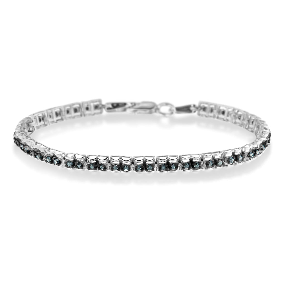 Black Rhodium over .925 Sterling Silver 1.0 Cttw Rose Cut Diamond Double-Link 7" Tennis Bracelet (Blue Color, I1-I2 Clarity) by Bids.com