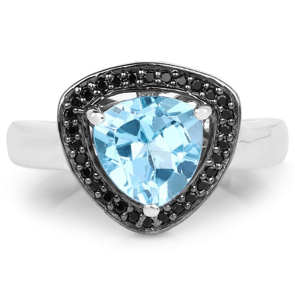 2.06 Carat Genuine Baby Swiss Blue Topaz and Black Diamond .925 Sterling Silver Ring by Bids.com