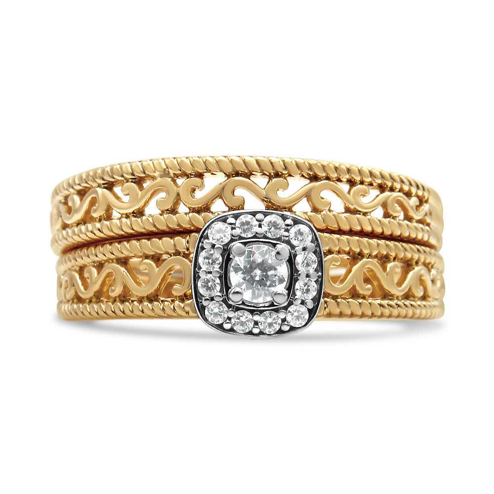 14K Yellow Gold Plated .925 Sterling Silver 1/5 Cttw Diamond Halo and Milgrain Finish Engagement Ring Bridal Set (I-J Color I3 Clarity) - Size 7 by Bids.com