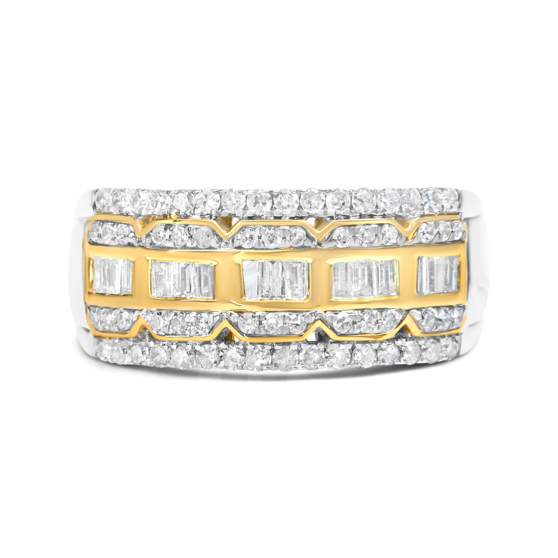 10K White and Yellow Gold 1.00 Cttw Baguette and Round cut Diamond Art Deco Multi-Row Ring Band (I-J Color, I1-I2 Clarity) - Ring Size 7 by Bids.com
