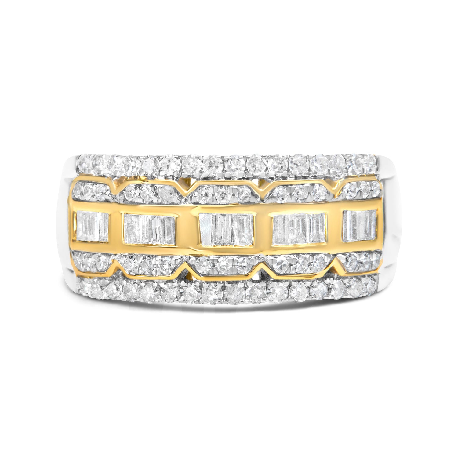 10K White and Yellow Gold 1.00 Cttw Baguette and Round cut Diamond Art Deco Multi-Row Ring Band (I-J Color, I1-I2 Clarity) - Ring Size 7 by Bids.com