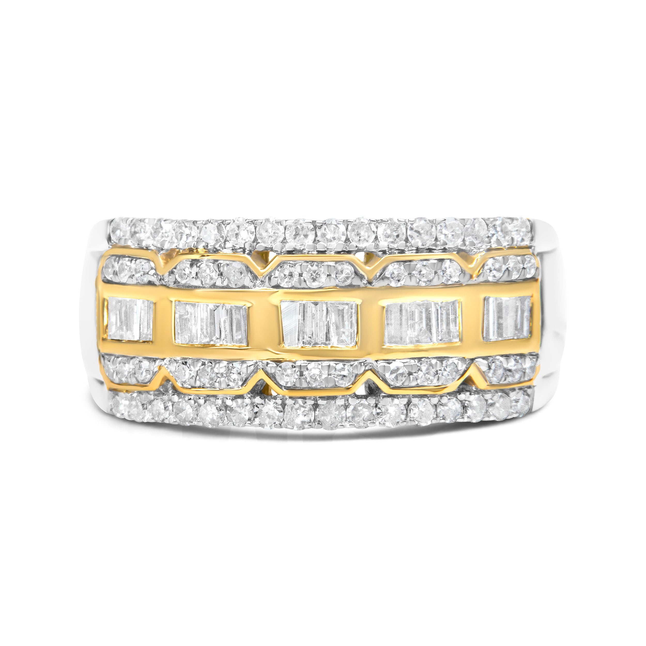 10K White and Yellow Gold 1.00 Cttw Baguette and Round cut Diamond Art Deco Multi-Row Ring Band (I-J Color, I1-I2 Clarity) - Ring Size 7 by Bids.com