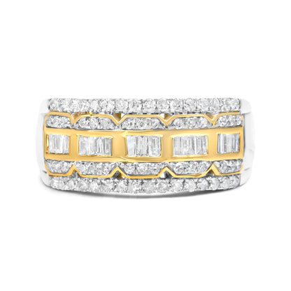 10K White and Yellow Gold 1.00 Cttw Baguette and Round cut Diamond Art Deco Multi-Row Ring Band (I-J Color, I1-I2 Clarity) - Ring Size 7 by Bids.com
