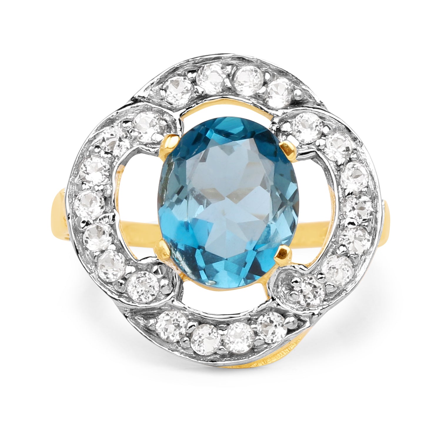 14K Yellow Gold Plated 5.13 Carat Genuine London Blue Topaz &amp; White Topaz .925 Sterling Silver Ring  DestGlow