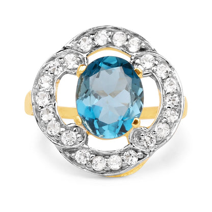 14K Yellow Gold Plated 5.13 Carat Genuine London Blue Topaz &amp; White Topaz .925 Sterling Silver Ring  DestGlow
