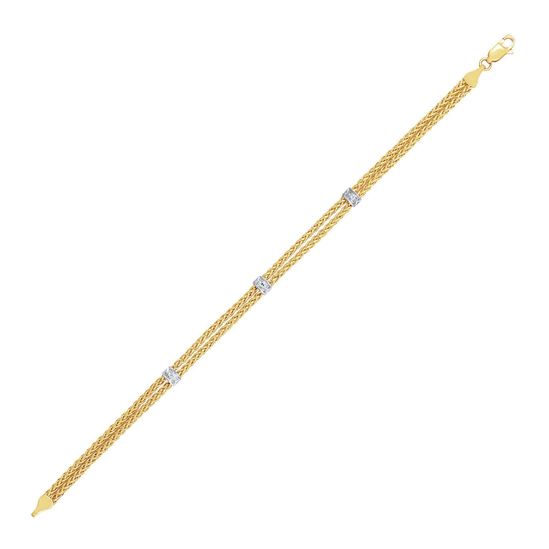 14k Two-Tone Gold Dual Wheat Chain Bracelet with Diamond Stations (.02 cttw) by Bids.com