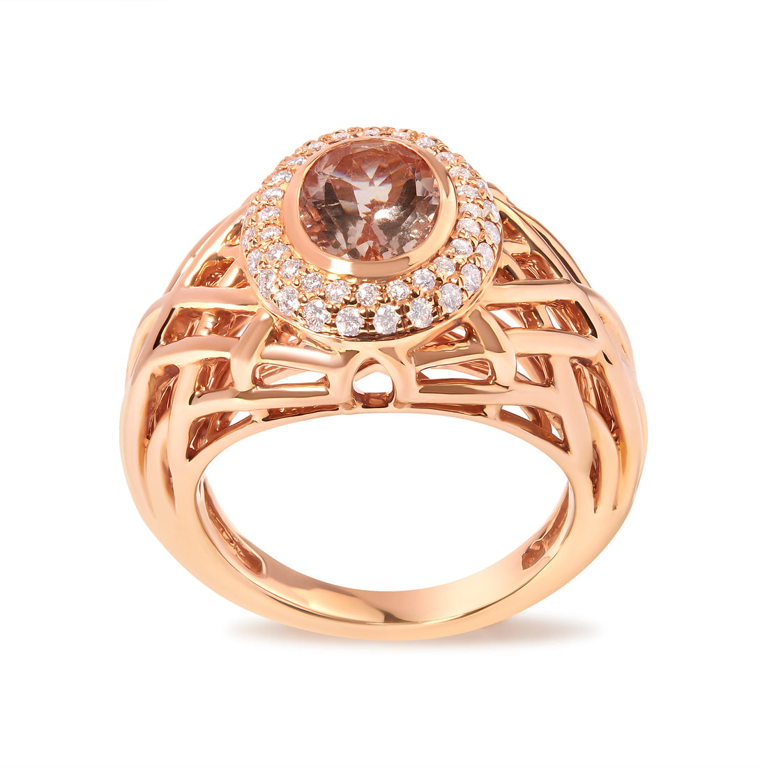 14K Rose Gold Oval Cut Light Pink Morganite and 3/8 Cttw Diamonds Halo and Basket Weave Cocktail Ring (G-H Color, SI1-SI2 Clarity) - Size 7 by Bids.com
