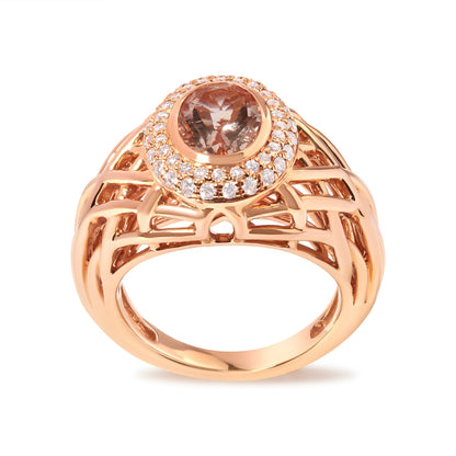 14K Rose Gold Oval Cut Light Pink Morganite and 3/8 Cttw Diamonds Halo and Basket Weave Cocktail Ring (G-H Color, SI1-SI2 Clarity) - Size 7 