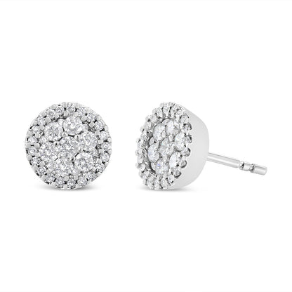 14K White Gold 1.0 Cttw Brilliant-Cut Diamond Halo-Style Cluster Round Button Stud Earrings (H-I Color, I1-I2 Clarity) by Bids.com