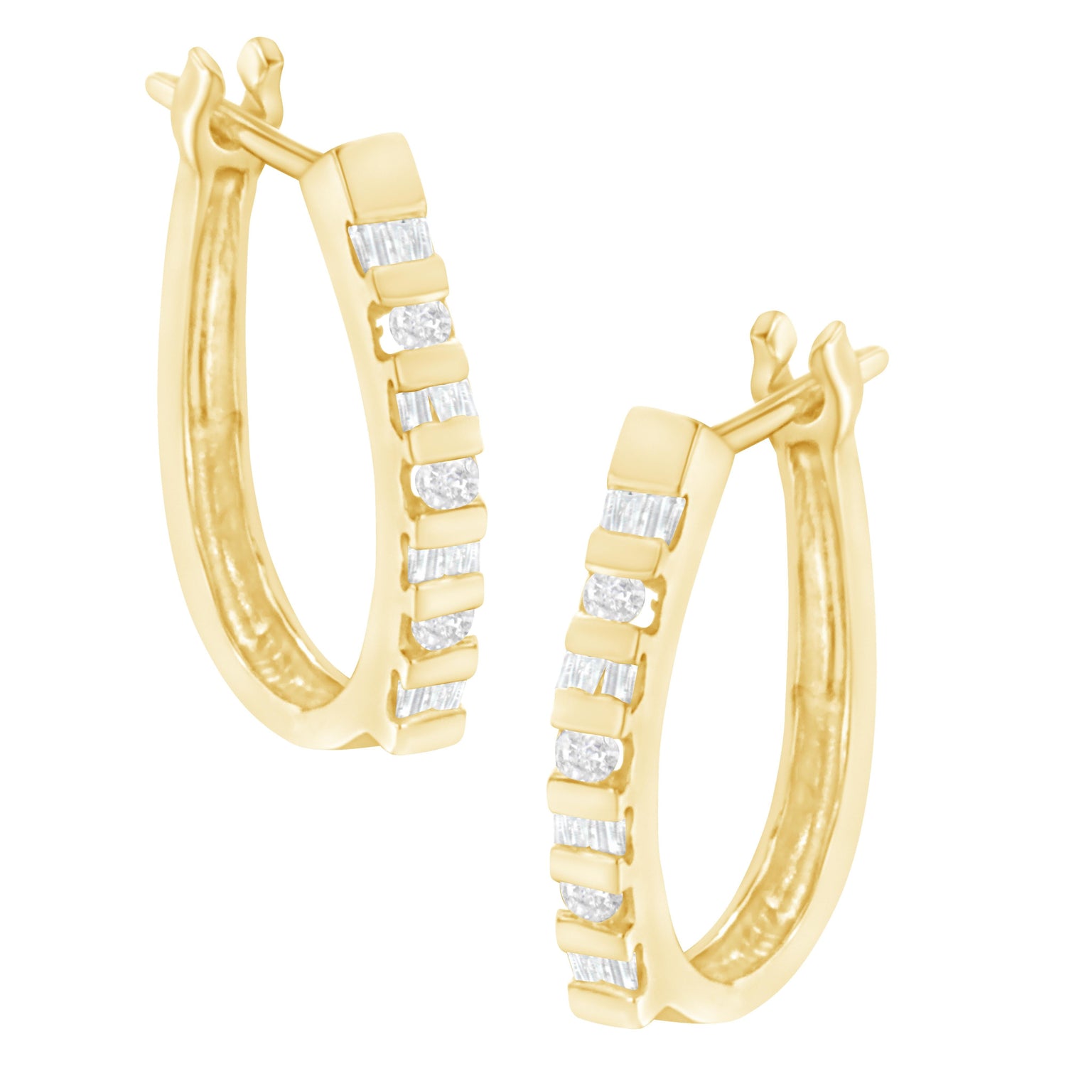 10K Yellow Gold Round and Baguette Cut Diamond Oblong Hinged Leverback Hoop Earrings (Â¼ Cttw, I-J Color, I2-I3 Clarity) by Bids.com