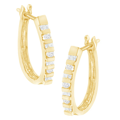 10K Yellow Gold Round and Baguette Cut Diamond Oblong Hinged Leverback Hoop Earrings (Â¼ Cttw, I-J Color, I2-I3 Clarity) by Bids.com