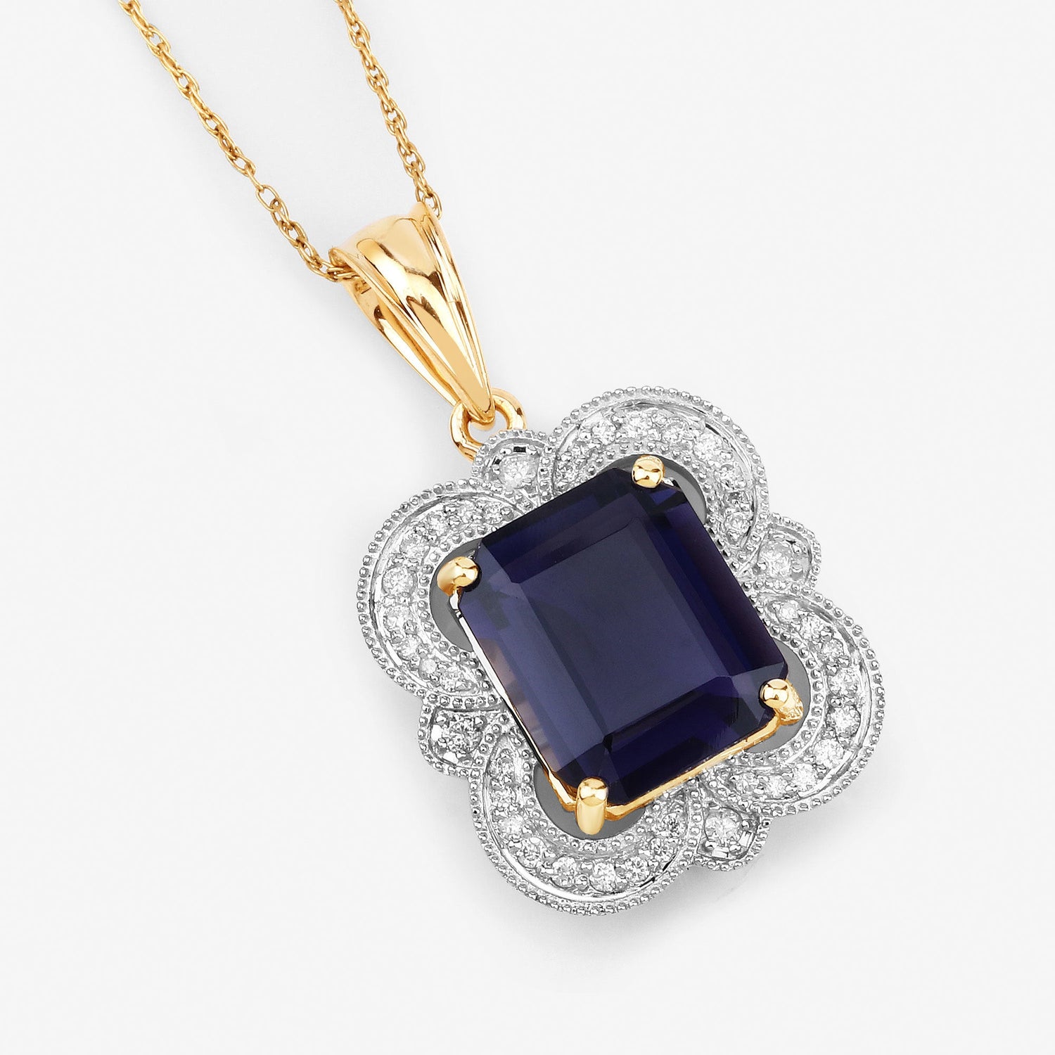 4.07 Carat Genuine Iolite and White Diamond 14K Yellow Gold Pendant by Bids.com