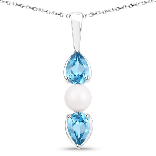 1.56 Carat Genuine Blue Topaz and Pearl .925 Sterling Silver Pendant  DestGlow