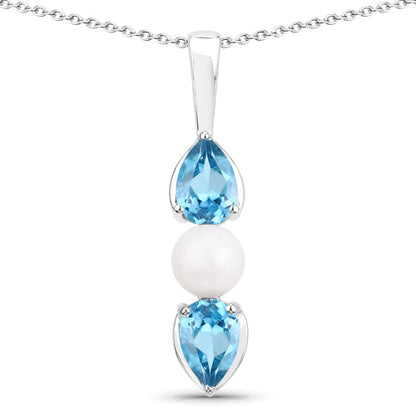 1.56 Carat Genuine Blue Topaz and Pearl .925 Sterling Silver Pendant  DestGlow