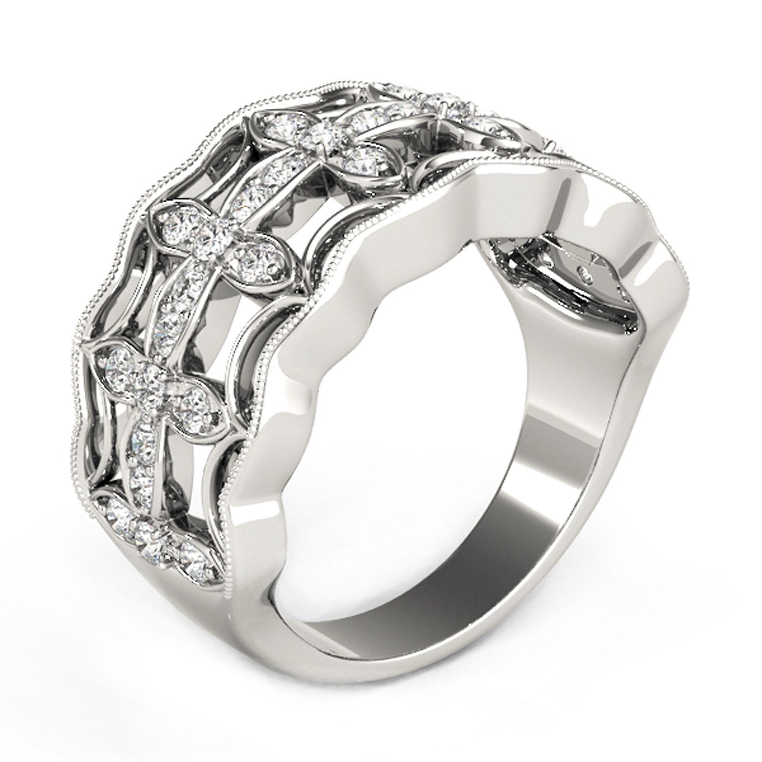 Diamond Studded Four Leaf Clover Motif Ring in 14k White Gold (1/4 cttw) by Bids.com