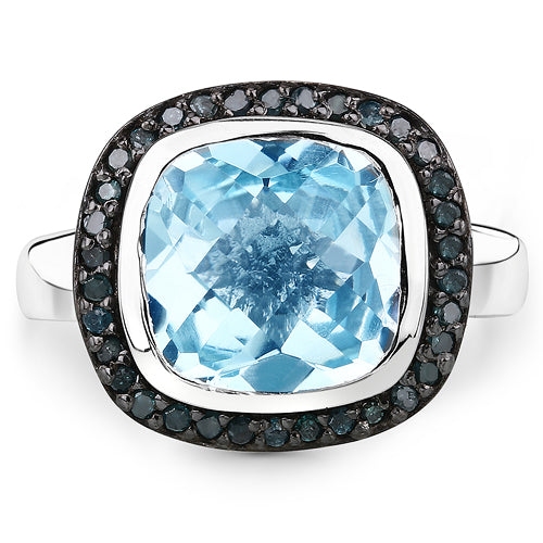 5.23 Carat Genuine Swiss Blue Topaz and Black Diamond .925 Sterling Silver Ring by Bids.com