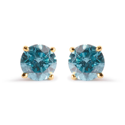 14K Yellow Gold 1.0 Cttw Treated Aqua Blue Diamond Classic Solitaire Stud Earrings (Aqua Blue Color, I2-I3 Clarity) by Bids.com