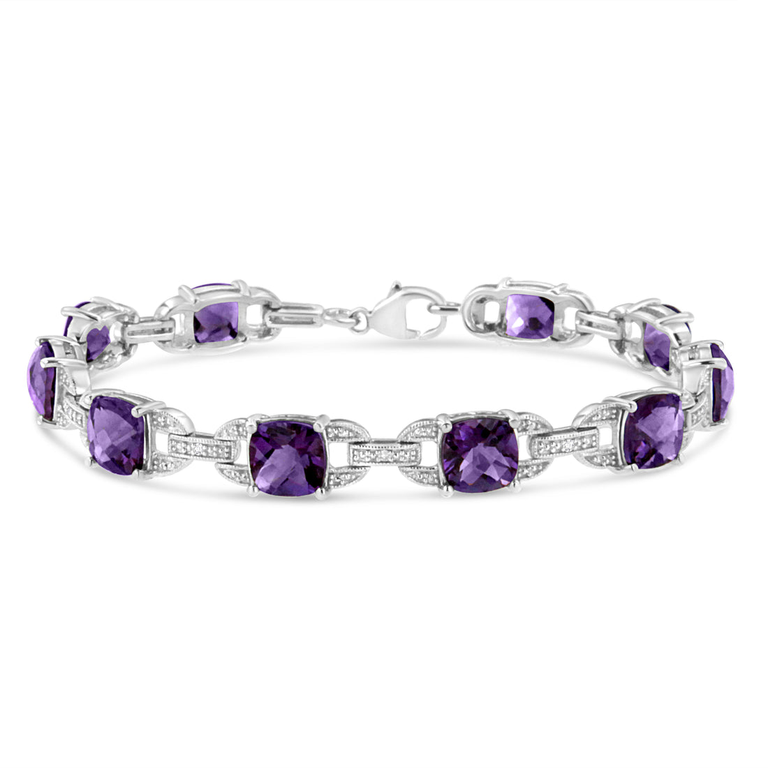 .925 Sterling Silver 7mm Cushion Cut Amethyst Gemstone and Diamond Tennis Link Bracelet (I-J Color, I1-I2 Clarity) - Size 7" by Bids.com