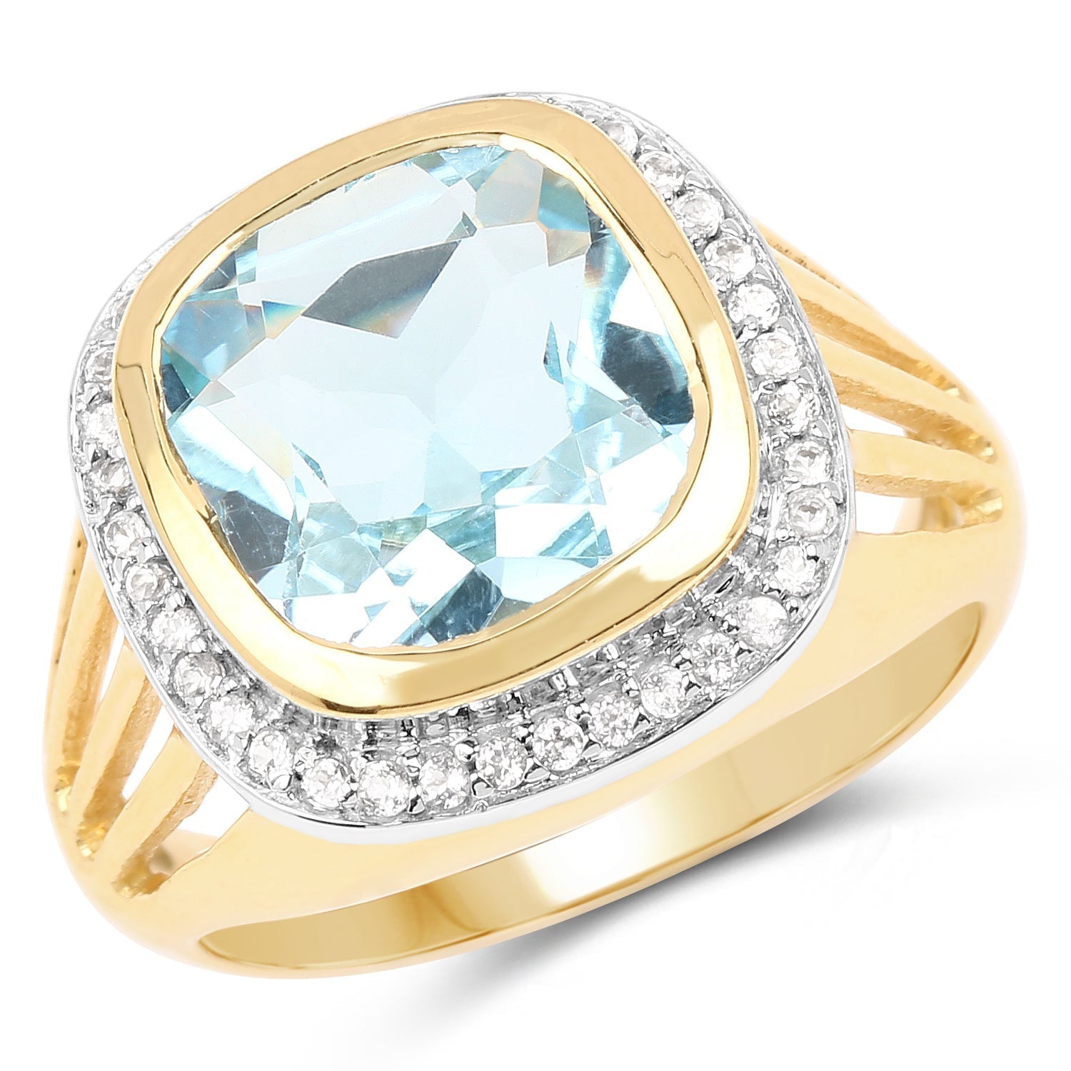 14K Yellow Gold Plated 4.64 Carat Genuine Blue Topaz and White Topaz .925 Sterling Silver Ring  DestGlow