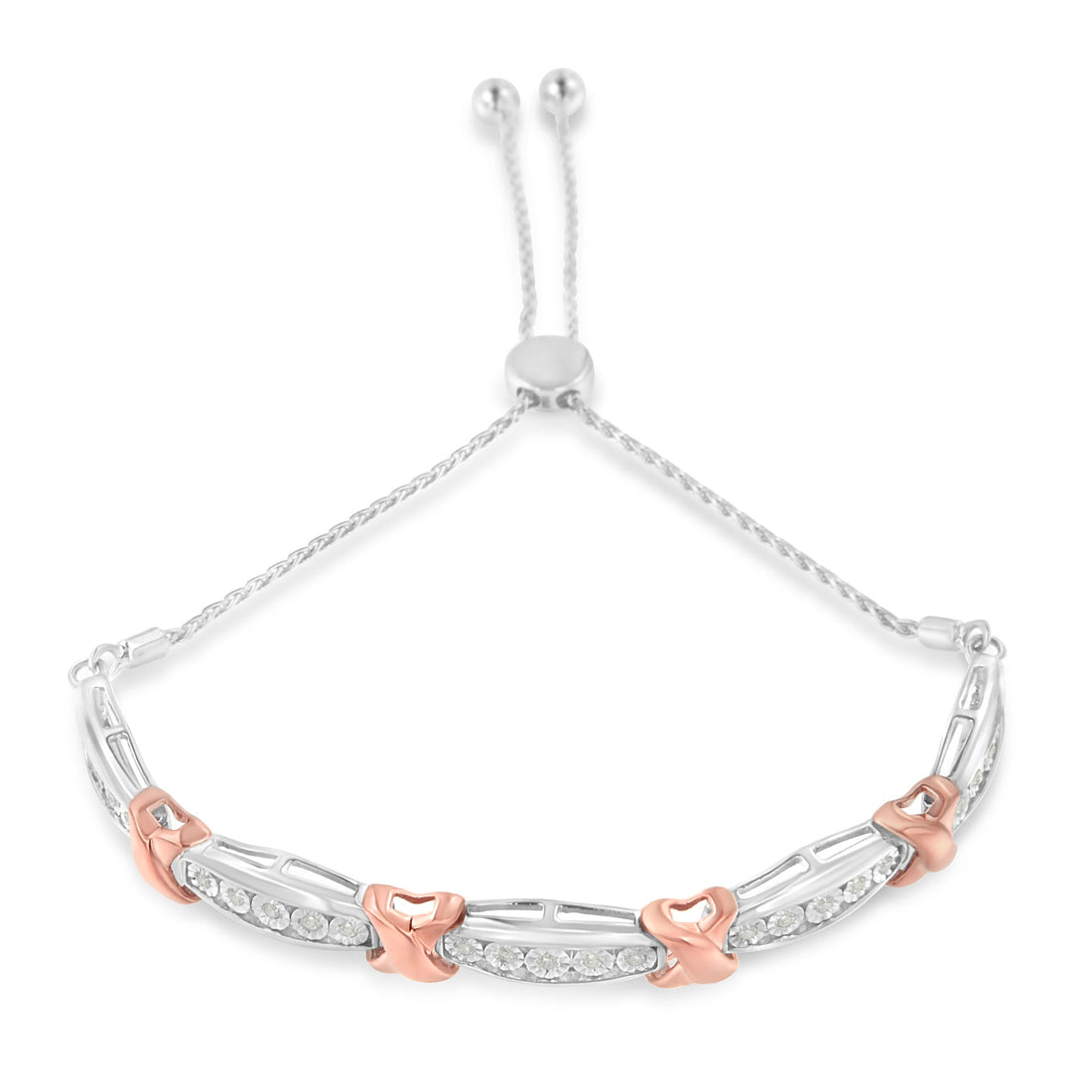 .925 Sterling Silver 1/4 Cttw Round-Cut Diamond X &amp; Tapered Bar Miracle-Set Bolo Bracelet (I-J Color, I3 Clarity) - Two Tone Rose Gold &amp; Silver by Bids.com