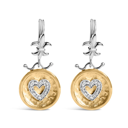 18K Yellow Gold Plated .925 Sterling Silver 1/8 Cttw Diamond Hammered Finished Medallion Heart Drop and Dangle Earrings (I-J Color, SI1-SI2 Clarity) by Bids.com