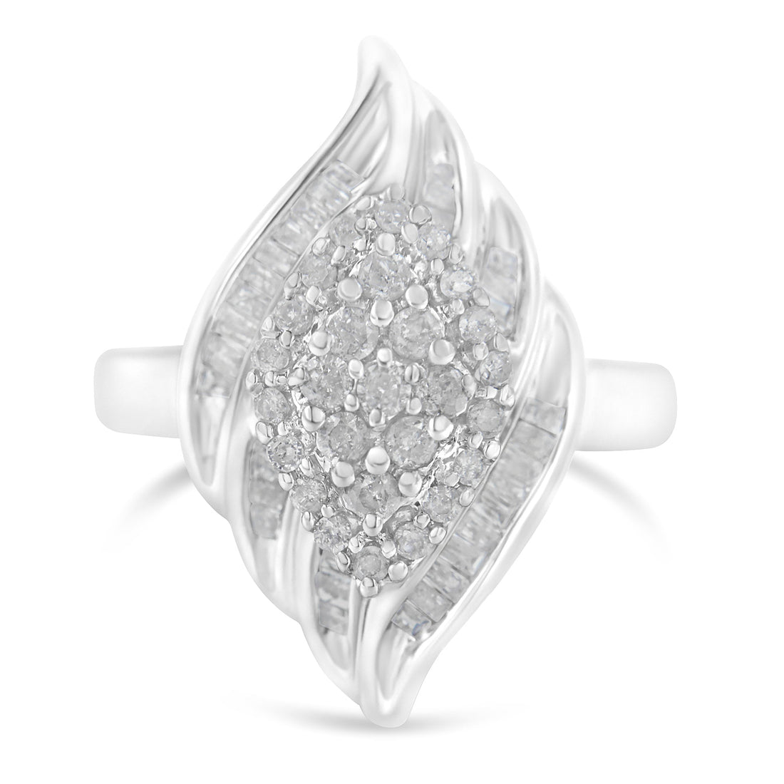 .925 Sterling Silver Â¾ Cttw Round and Baguette Cut Diamond Stair-Stepped Cluster Waterfall Cocktail Ring (I-J Color, I2-I3 Clarity) - Size 6 by Bids.com