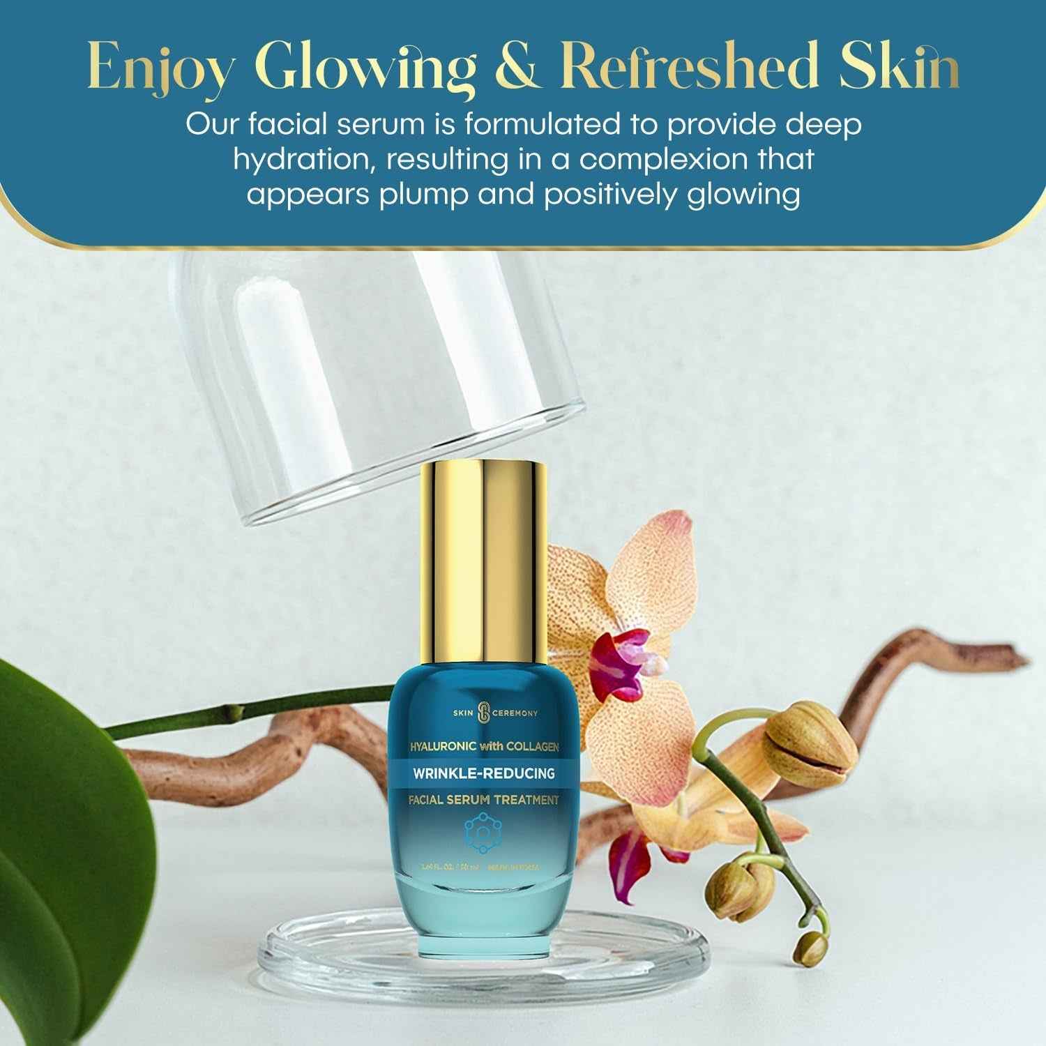 Hyaluronic Acid &amp; Collagen Wrinkle Reducing Serum - Deep Hydration, Plumps &amp; Smooths Skin - Dermatologist Tested, Clean Beauty, Korean Skin Care - 1.69 FL.OZ.