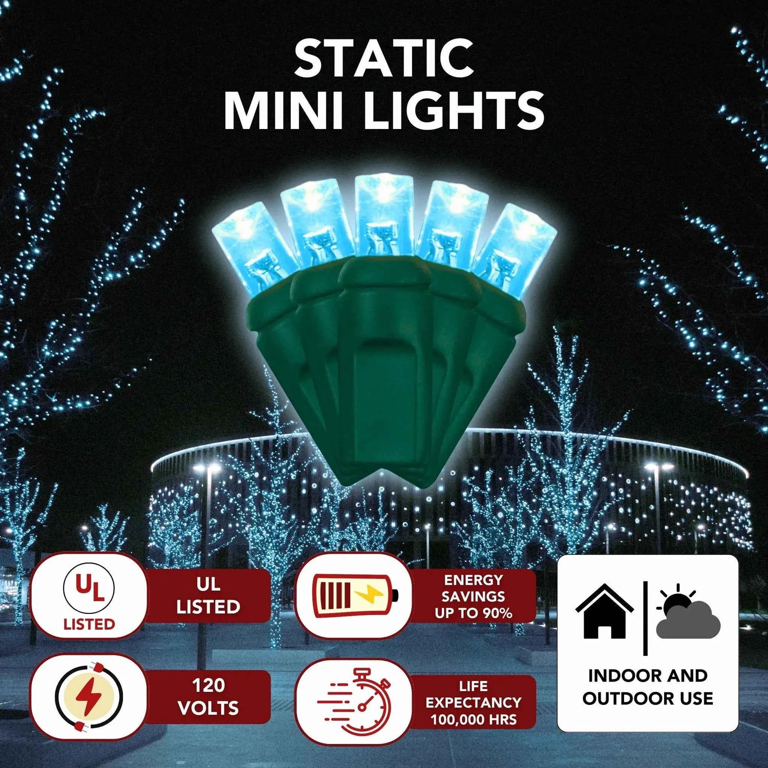 LED Mini Lights 5MM Aqua Static Green Wire - 6" Spacing