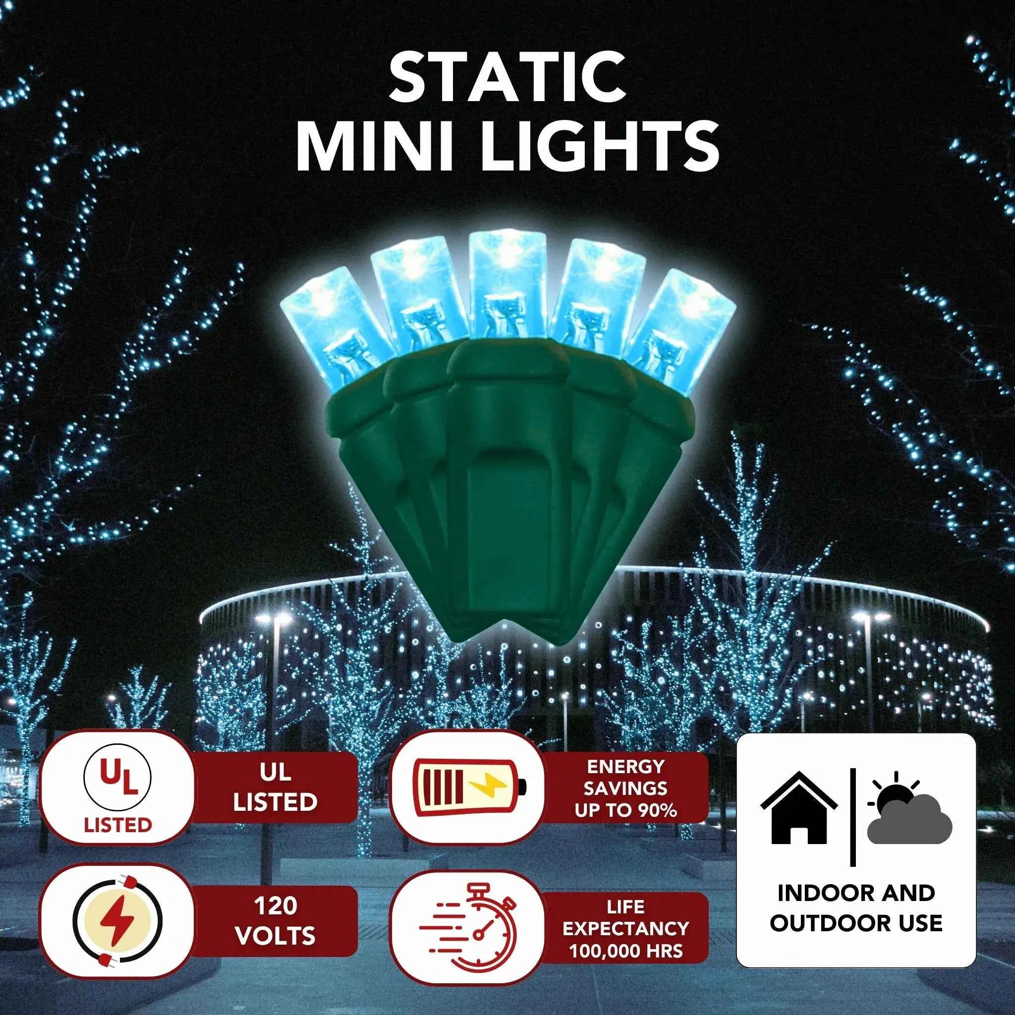 LED Mini Lights 5MM Aqua Static Green Wire - 6" Spacing