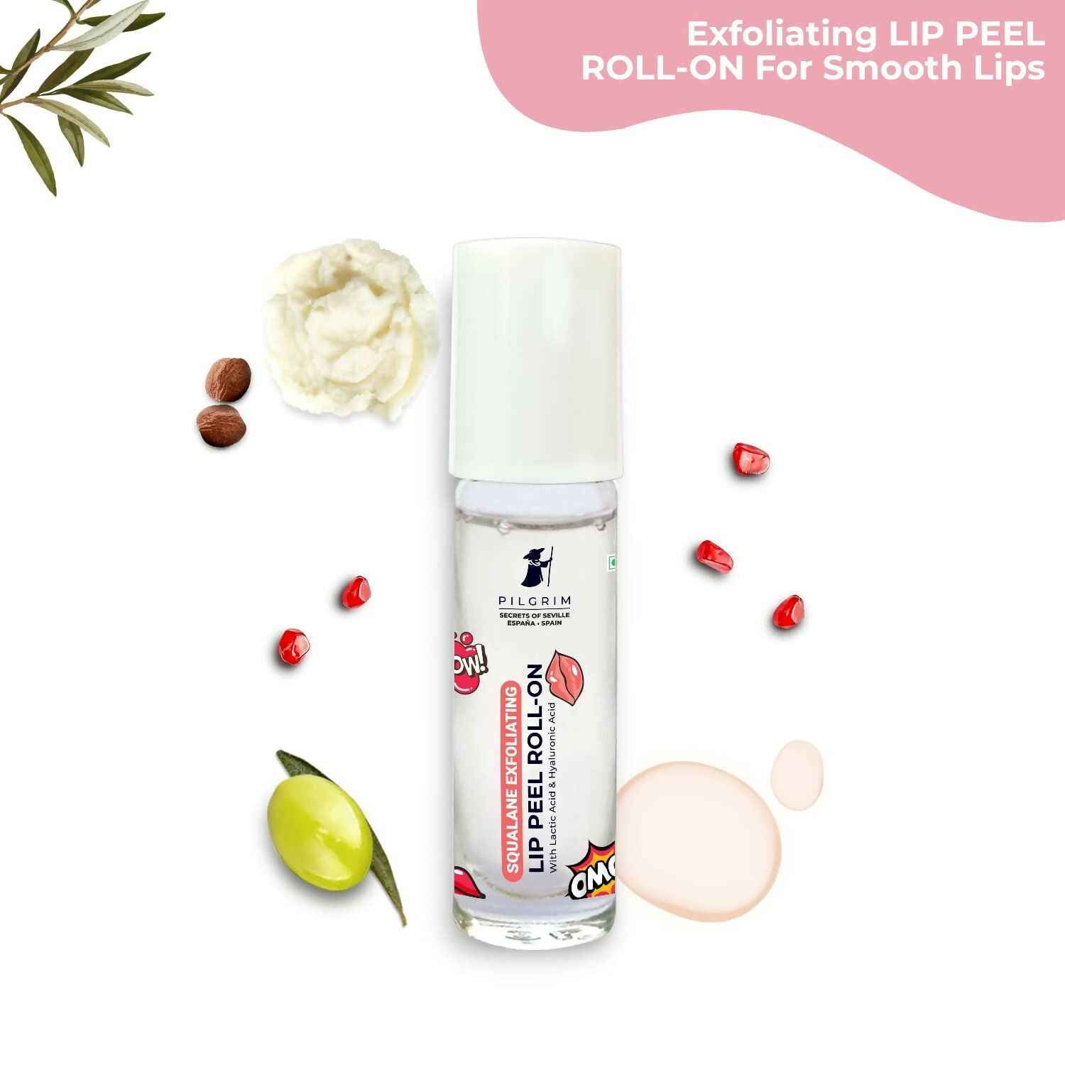 Pilgrim Spanish Lip Peel Roll-on with Lactic Acid &amp; Hyaluronic Acid For Soft &amp; Glossy Lips, Hydrating Dry &amp; Flaky Lips