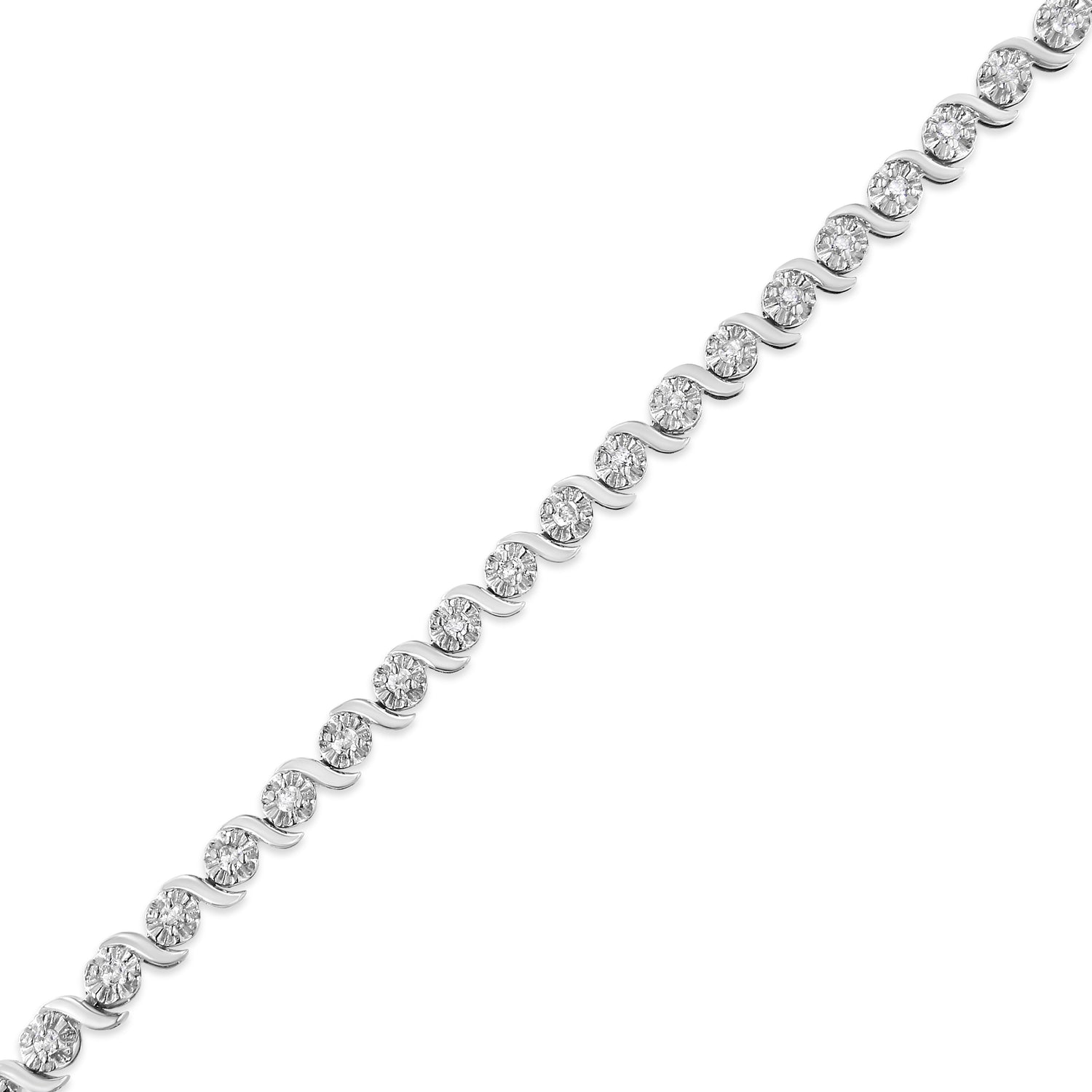 .925 Sterling Silver 1.0 Cttw Diamond Spiral Wave Curved-Link 7" Tennis Bracelet (I-J Color, I3 Clarity) by Bids.com
