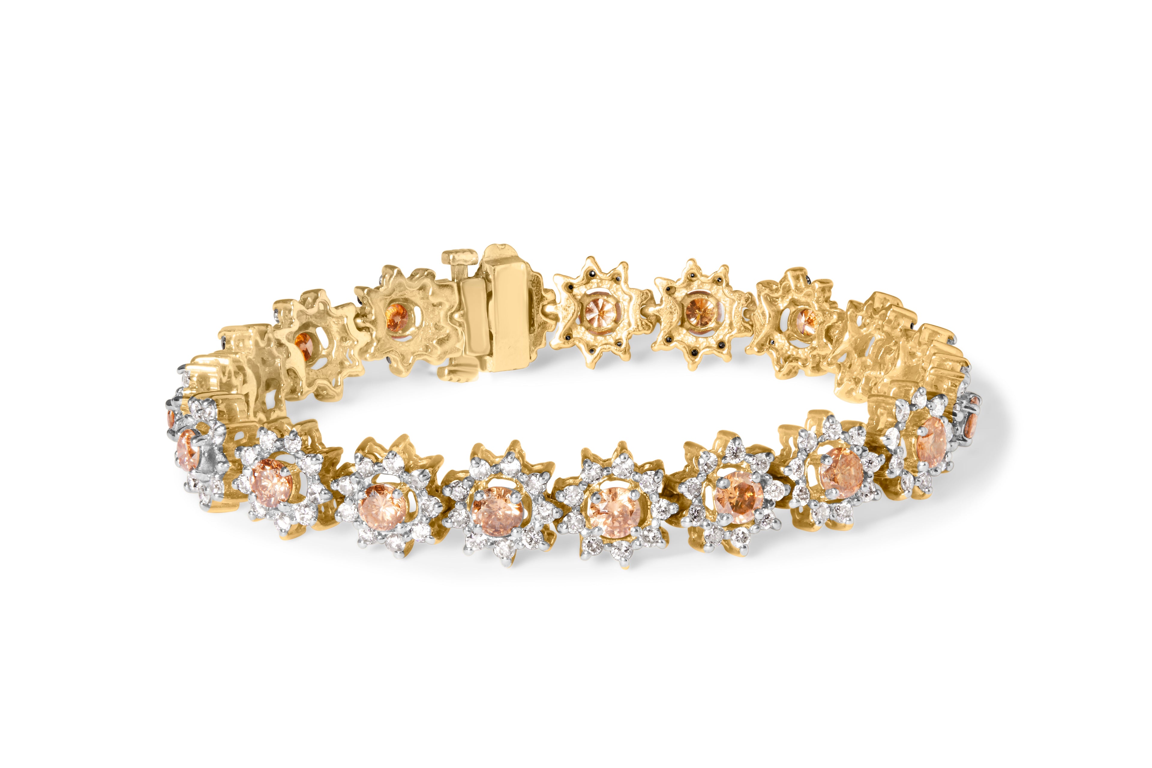 14K Yellow Gold 8.00 Cttw Champagne Diamond Floral Cluster Halo Link Bracelet (H-I Color, I1-I2 Clarity) by Bids.com