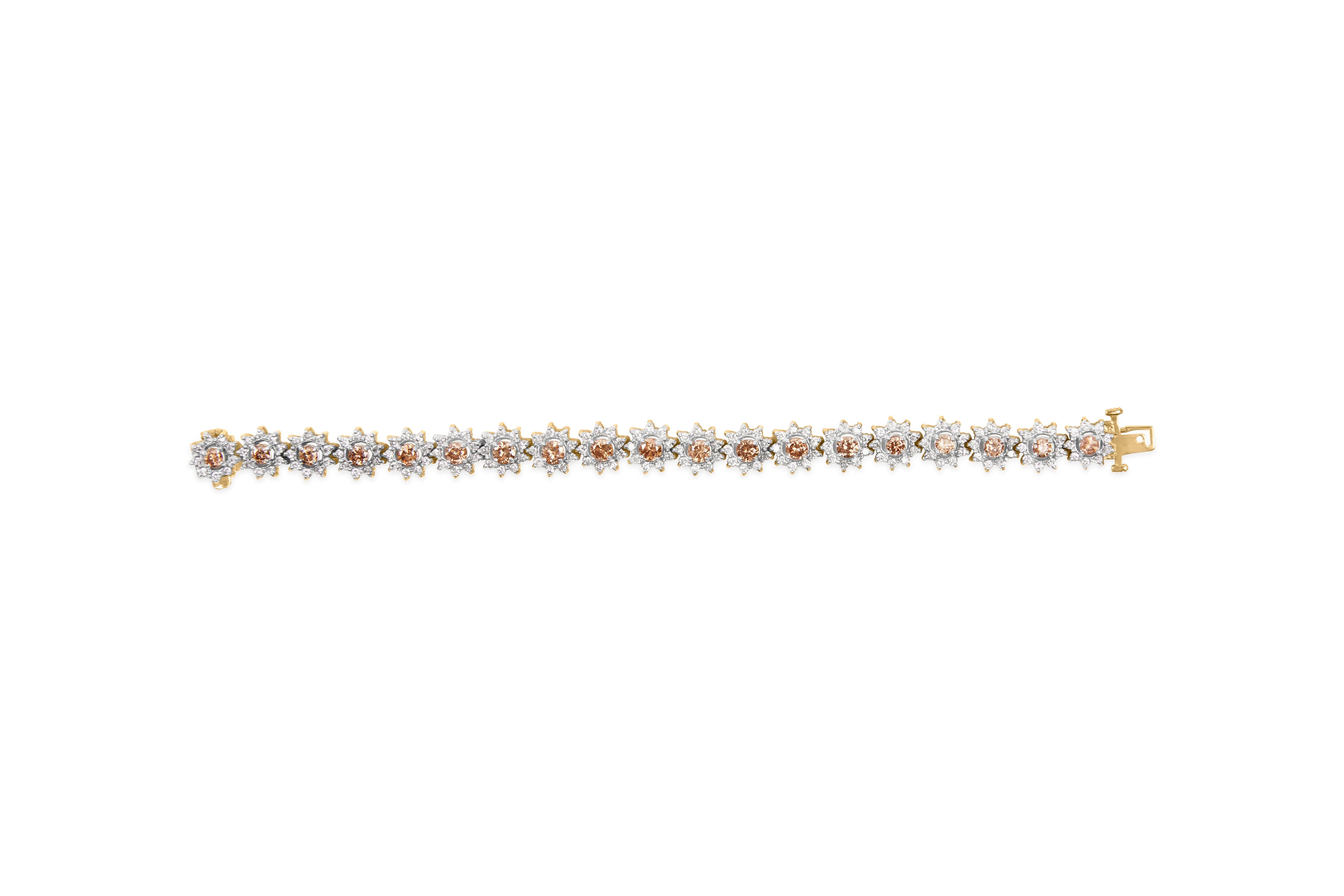 14K Yellow Gold 8.00 Cttw Champagne Diamond Floral Cluster Halo Link Bracelet (H-I Color, I1-I2 Clarity) by Bids.com