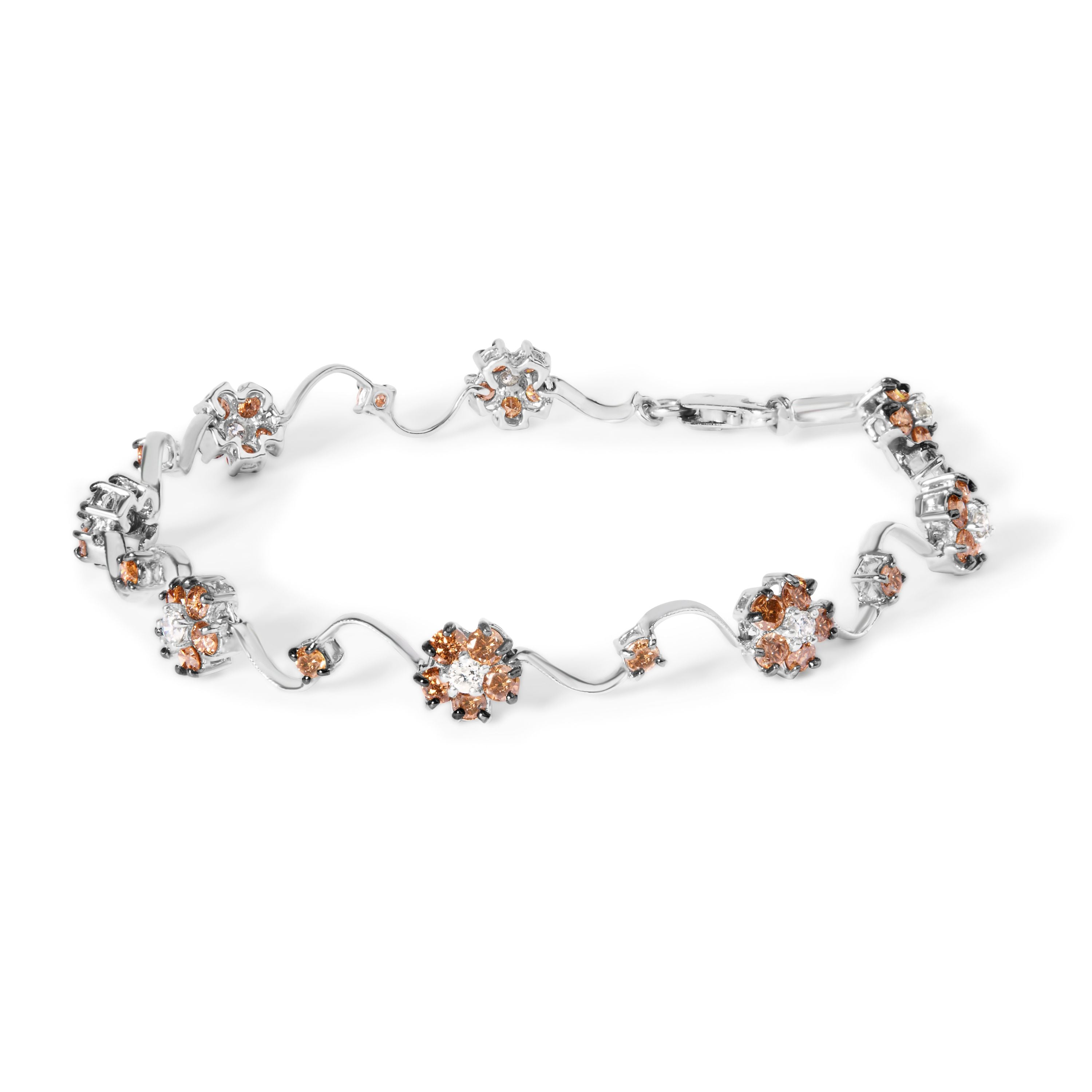 10K White Gold 4.0 Cttw Champagne and White Diamond Floral Cluster and Station Link Bracelet (H-I Color, SI2-I1 Clarity) - 7" Inches by Bids.com