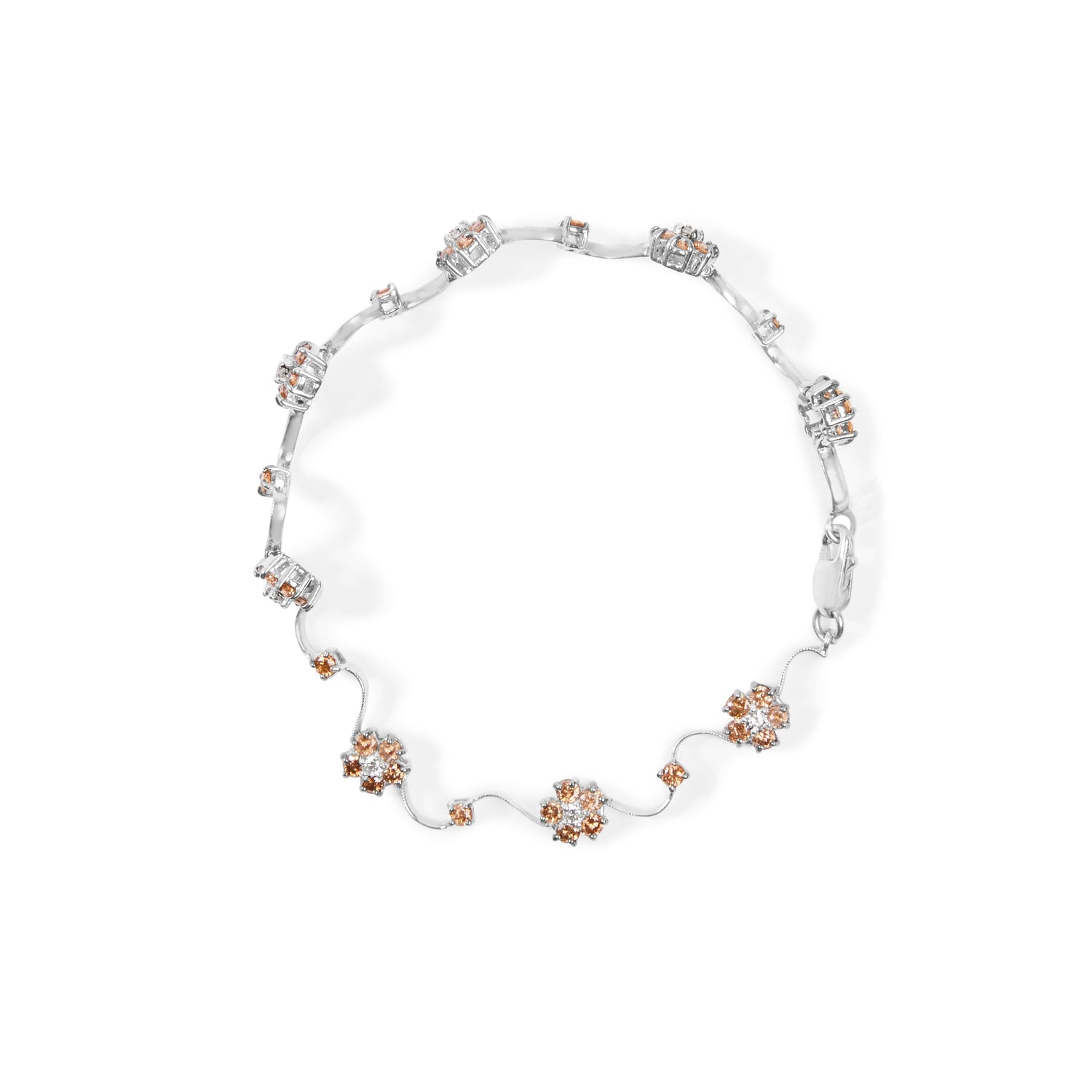 10K White Gold 4.0 Cttw Champagne and White Diamond Floral Cluster and Station Link Bracelet (H-I Color, SI2-I1 Clarity) - 7" Inches by Bids.com