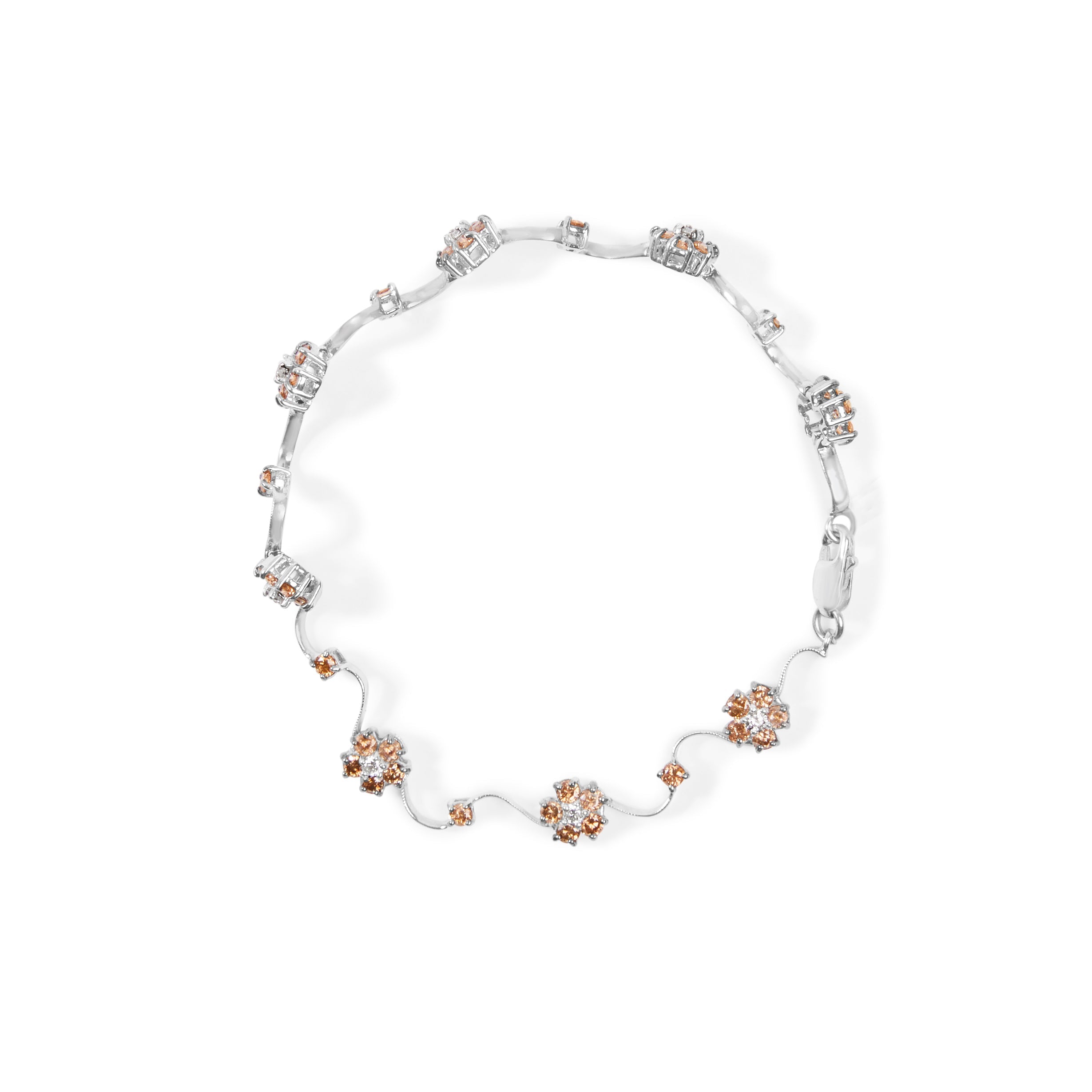 10K White Gold 4.0 Cttw Champagne and White Diamond Floral Cluster and Station Link Bracelet (H-I Color, SI2-I1 Clarity) - 7" Inches by Bids.com