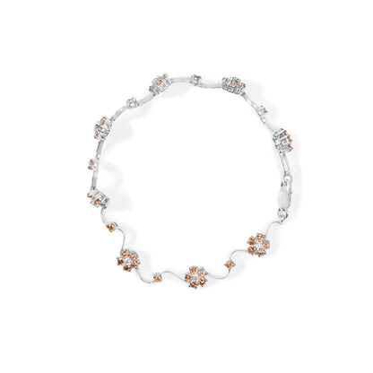 10K White Gold 4.0 Cttw Champagne and White Diamond Floral Cluster and Station Link Bracelet (H-I Color, SI2-I1 Clarity) - 7" Inches by Bids.com