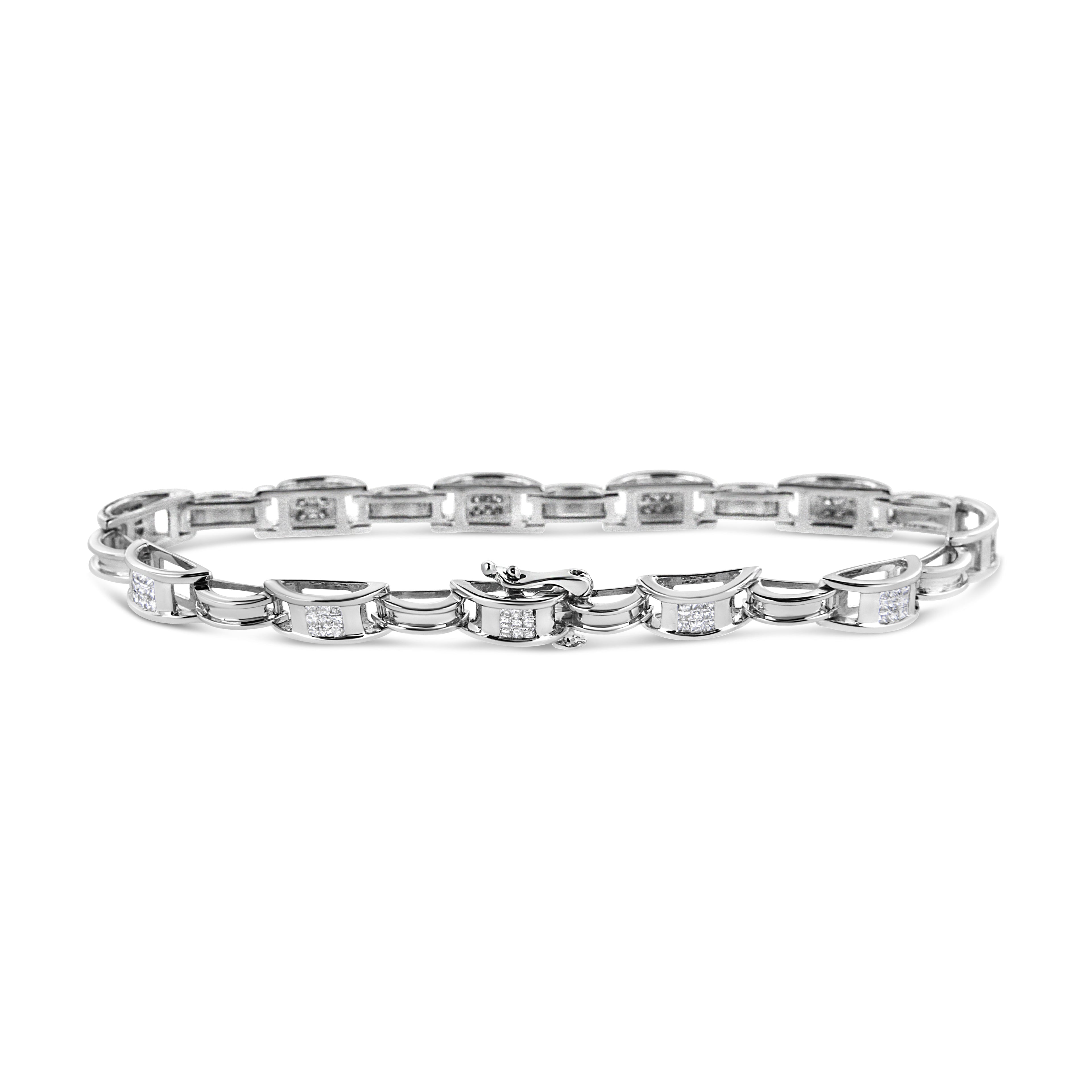 14K White Gold 1.0 Cttw Invisible Set Princess Diamond Alternating Link Tennis Bracelet (I-J Color, I1-I2 Clarity) - 7.25" by Bids.com