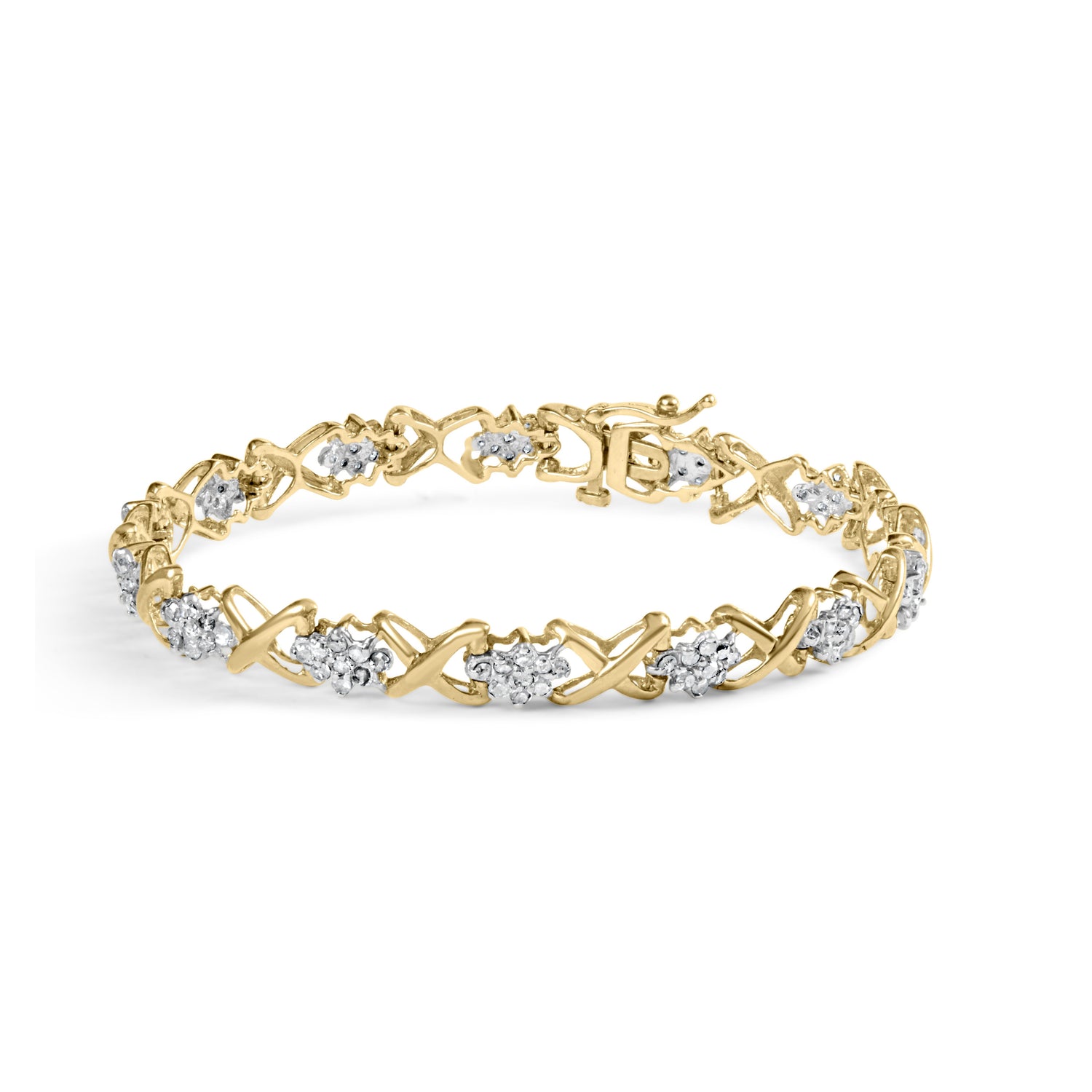 10k Yellow Gold 2.00 Cttw Diamond Cluster and Alternating "X" Link Bracelet (I-J Color, I3 Clarity) - 7" by Bids.com