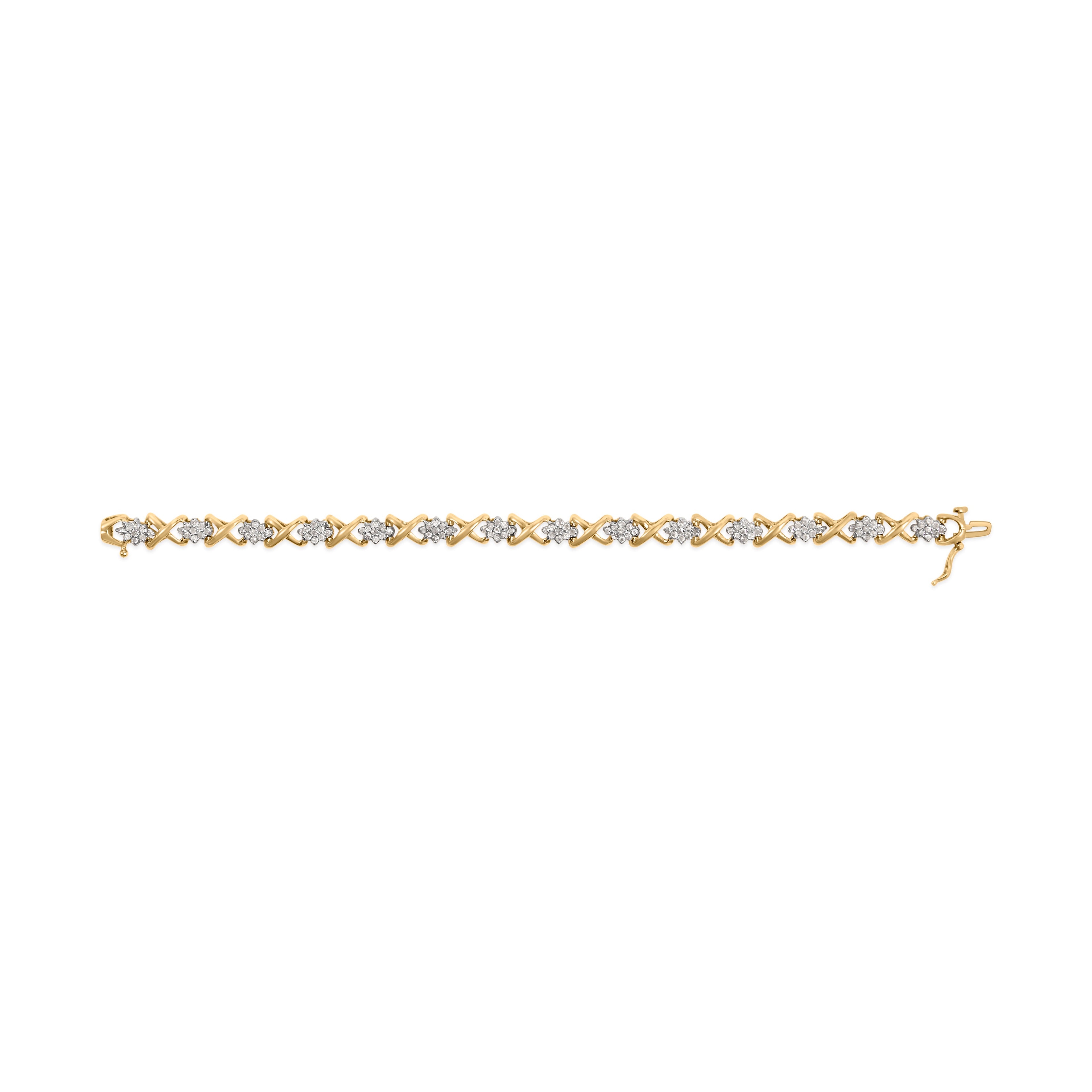 10k Yellow Gold 2.00 Cttw Diamond Cluster and Alternating "X" Link Bracelet (I-J Color, I3 Clarity) - 7" by Bids.com