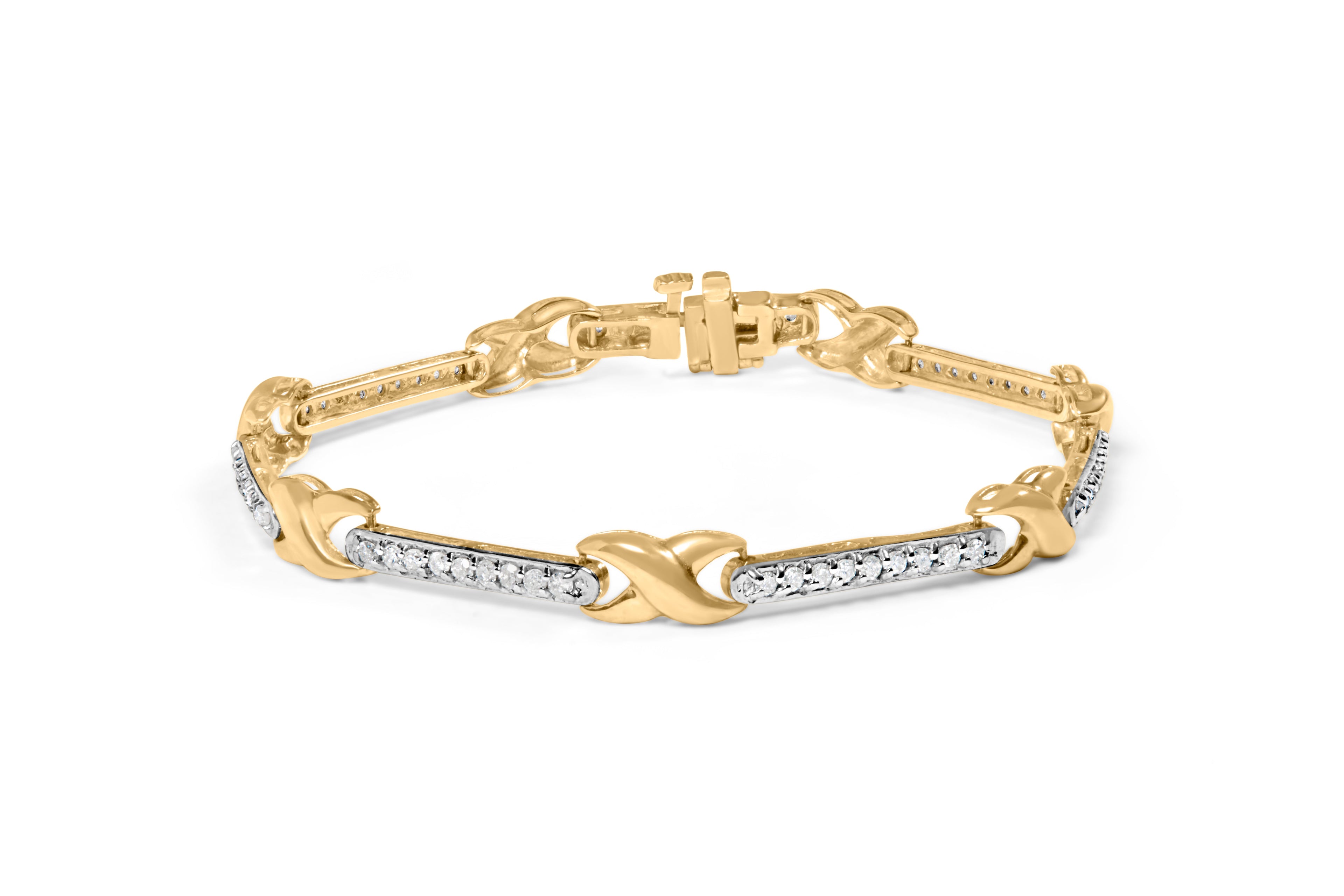 10K Yellow Gold 1.00 Cttw Pave Set Diamond Bar and X-Link 7" Bracelet (I-J Color, I3 Quality) by Bids.com