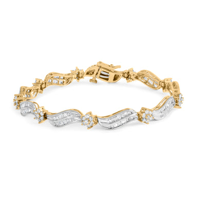 10K Yellow and White Gold 3.00 Cttw Diamond Cluster and Wave Link Bracelet (I-J Color, I1-I2 Clarity) - 7.25" by Bids.com