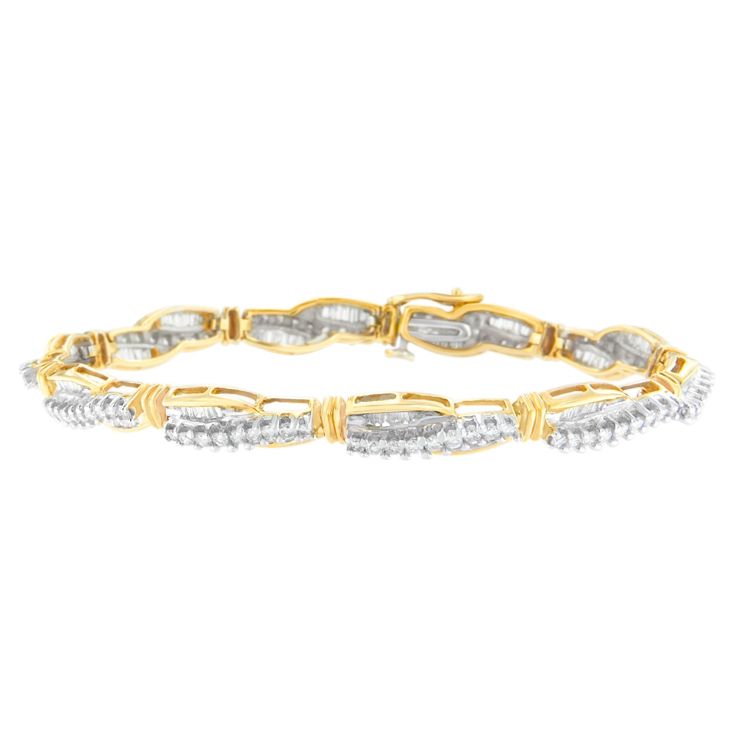 14K Yellow Gold Round and Baguette Cut Winding Love Diamond Bracelet (3.00 cttw, H-I Color, SI1-SI2 Clarity) by Bids.com