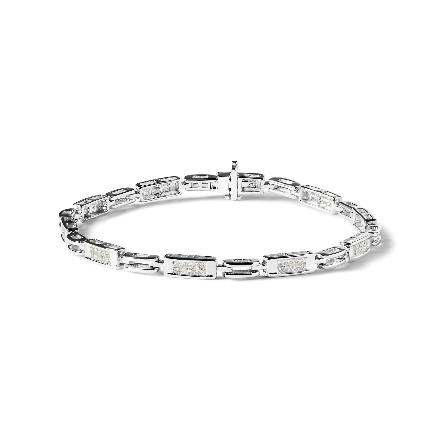 14K White Gold 1.0 Cttw Invisible Set Princess Cut Diamond Alternating Station and Link Tennis Bracelet (I-J Color, I1-I2 Clarity) - Size 7.25" Inches 