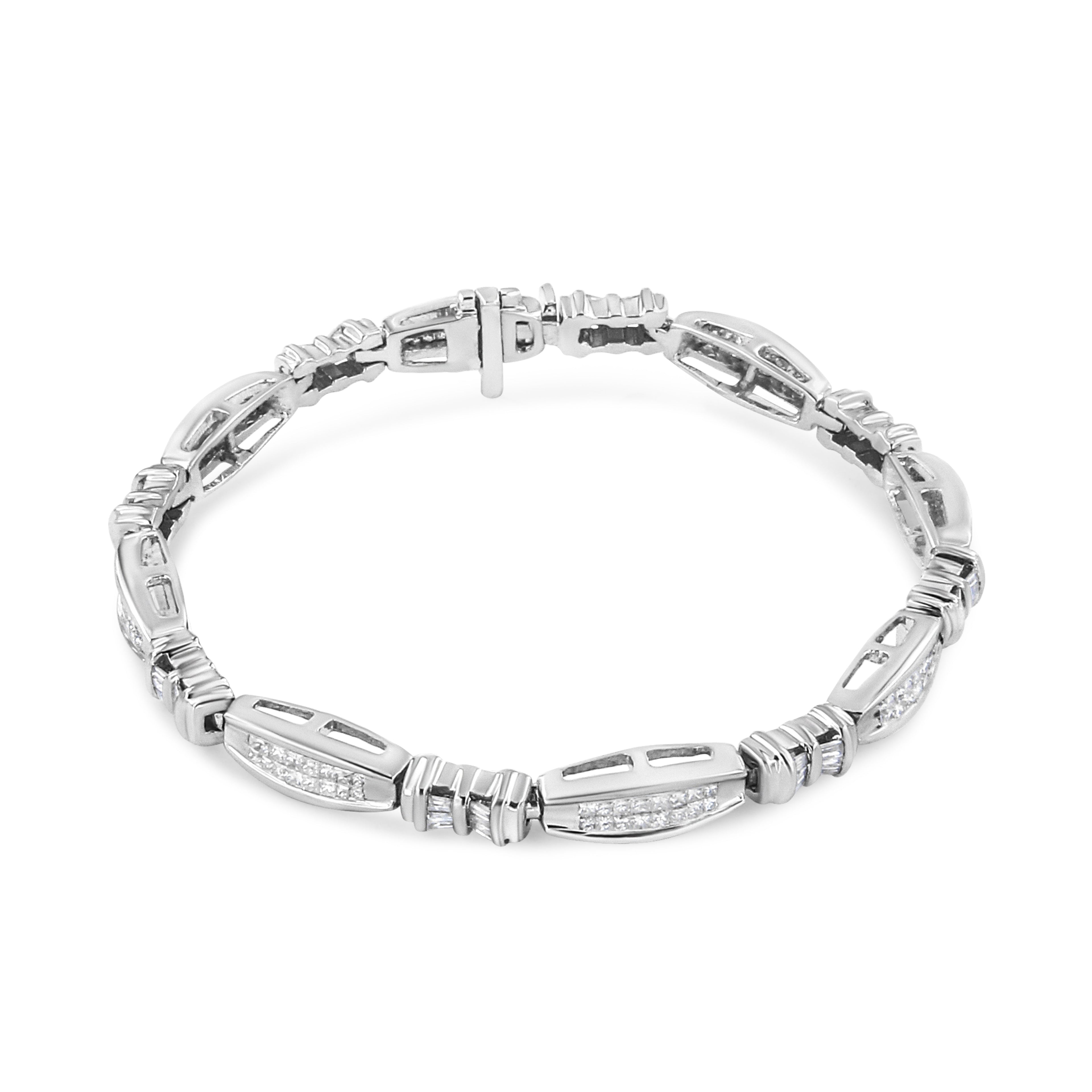 14K White Gold 2.0 Cttw Channel-Set Alternating Baguette and Princess-Cut Diamond Link Bracelet (H-I Color, SI2-I1 Clarity) - Size 7 by Bids.com
