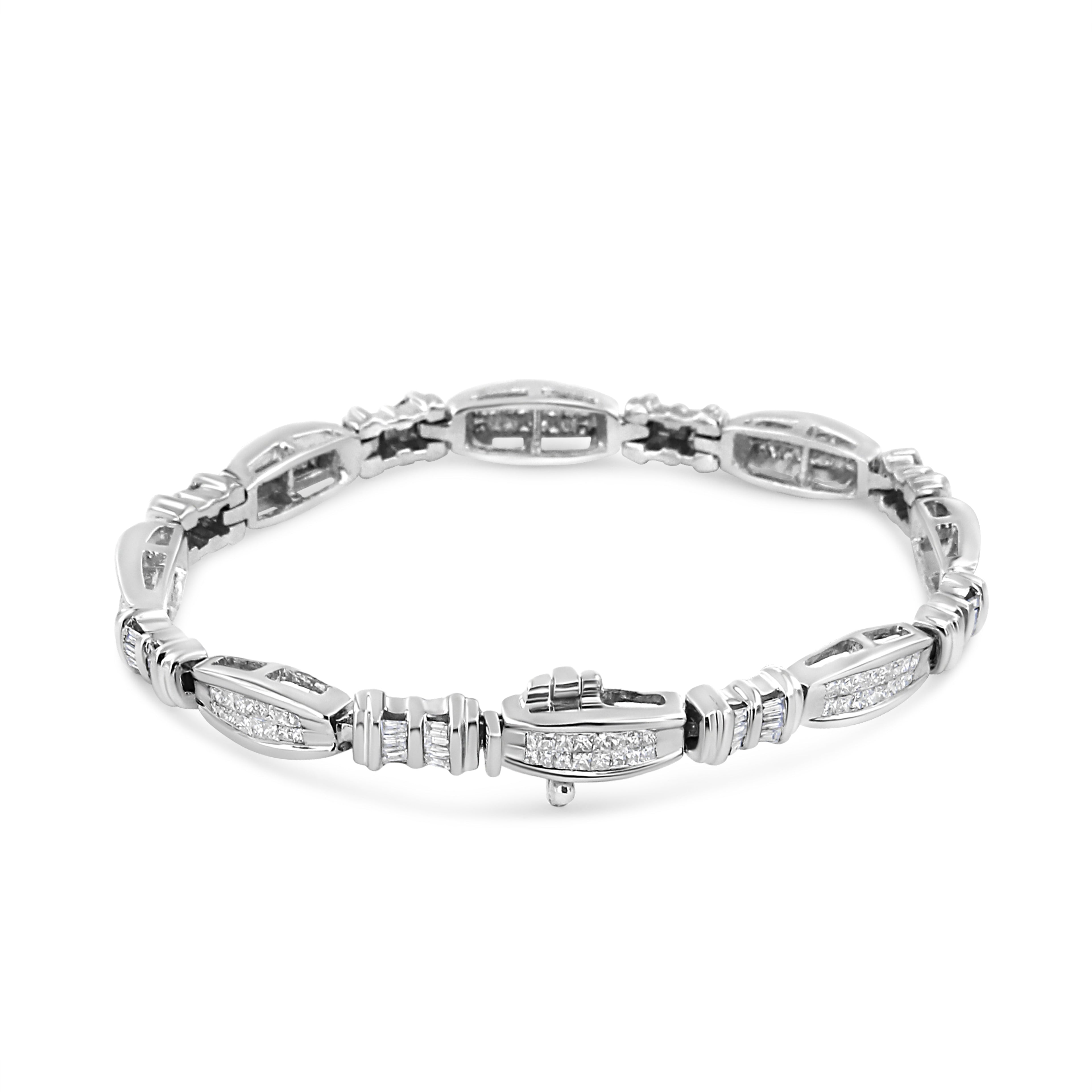 14K White Gold 2.0 Cttw Channel-Set Alternating Baguette and Princess-Cut Diamond Link Bracelet (H-I Color, SI2-I1 Clarity) - Size 7 by Bids.com
