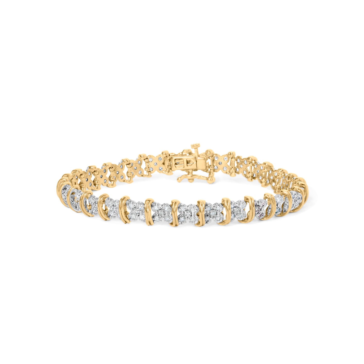 10K Yellow Gold Plated .925 Sterling Silver 2.0 Cttw Round Diamond Cluster "X" Shaped Link Bracelet (H-I Color, I3 Clarity) - 7" by Bids.com