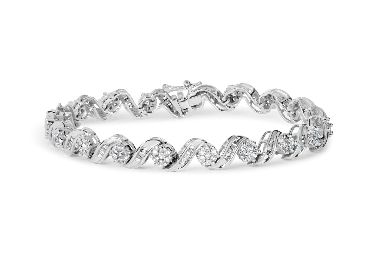14K White Gold 2.00 Cttw Diamond Cluster and Spiral Link Bracelet (I-J Color, I1-I2 Clarity) - 7" by Bids.com
